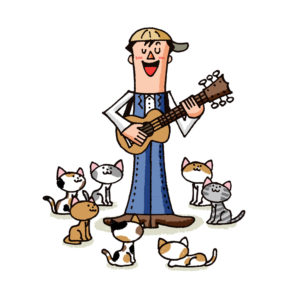 ギターを持って歌う人と猫
