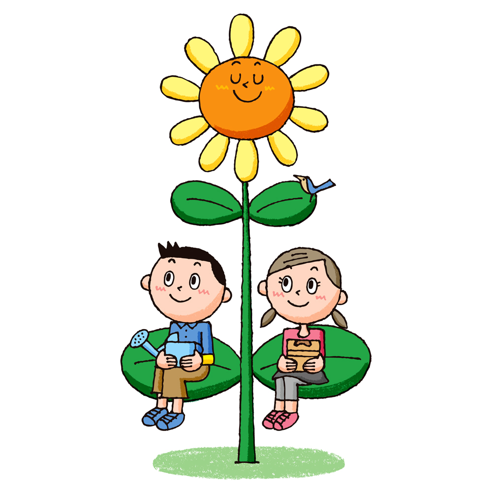 植物に座って見上げる二人の子供